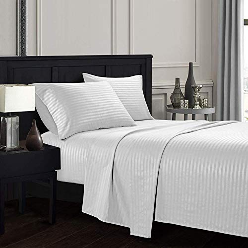 Image of YRM Bedding's Premium Collection Egyptian Cotton 600-TC 3-Piece Bedsheet {Bedsheet (102x108) + 2-Pillow(18x28)}, King Size, White Stripe