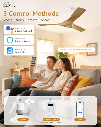 Image of Sofucor 52 Inch Smart Ceiling Fan No Light, Modern Ceiling Fan with 3 Plastic Blades, Compatible with Alexa /Google /App, 6 Speeds 4500CFM, Timer Quiet Reversible DC Motor, ETL /FCC