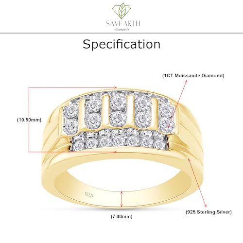 SAVEARTH DIAMONDS Round Cut Lab Created Moissanite Diamond Cluster Men's Wedding Band Ring in 14K Gold Plated 925 Sterling Silver Jewelry (G-H Color, 1.00 Cttw)2