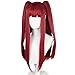 ANOGOL Hair Cap+3 Pieces Set Long Wine Red Wig + (1 Hair Cap+2 Ears) With 2 Ponytails Straight Wig with Bangs for Women Devil Cosplay Costume Synthetic Hair Wig Costume for Anime Halloween Party