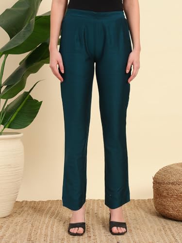 Image of Vogaan Women's Cotton Silk Pant | Half-Elasticated Waist Slim Fit Trouser for Women | Casual Pocket Pants for Office Formal Daily Use