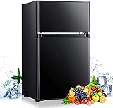 Mini Fridge with Freezer, 3.2 Cu.Ft Mini Refrigerator, 2 Door, 37DB Low Noise, Engery Saving with LED Light, Low-frost Mini Fridge for Bedroom, Office, Dorm, RV, Apartment, Black- MPBFD321