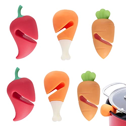 6Pcs Spill-stop Silicone Lid Lifter for Soup Pot - Heat Resistant, Keep Lids Open, Reduce Spills - Chicken Leg, Pepper, Carrot