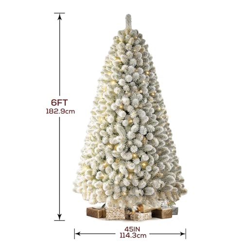 6 FT Prelit Snow Flocked Christmas Tree, Artificial Spruce Christmas Tree with 250 Warm White LED Lights, 850 PVC Branch Tips, Easy Assembly/Metal Stand/Hinged Branches Decoration