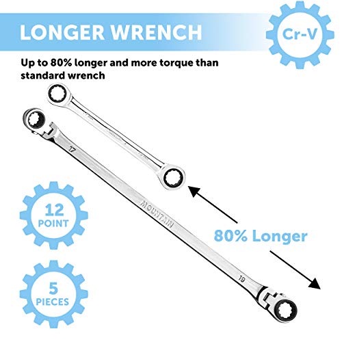 Mountain 5-Piece Metric Double Box Universal Spline Reversible Ratcheting Wrench Set; 8 mm - 18mm, 90 Tooth Design, Long, Flexible, Reversible; MTNRM6