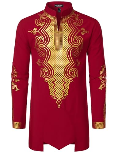 LucMatton Men's Traditional African Dashiki Long-Sleeve Slim-Fit Tunic Shirt with Metallic Foil Stamping Mandarin Collar Red Gold Large