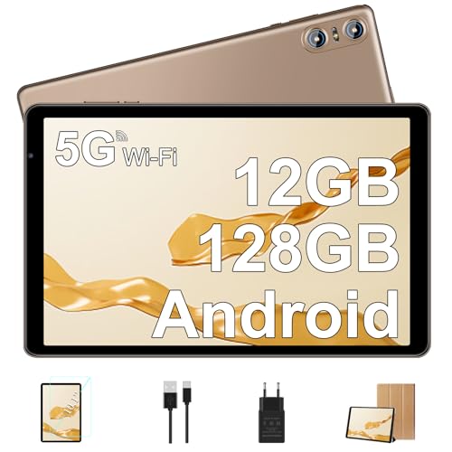 BIEGEDY Tablet 10 Pulgadas PC 12GB RAM + 128GB ROM/TF 1TB,Octa-Core 2.0 GHz, | 5G WiFi | Bluetooth 5.0 | 6000mAh | 1280 * 800 Pixels | 5MP+8MP, Tablet con Funda Oro