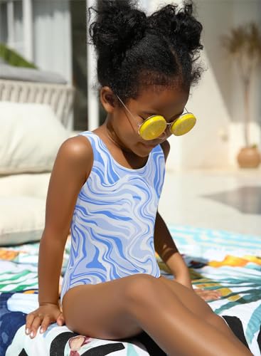 Image of SHEKINI Girls Solid Bathing Suits Kids One Piece Swimsuits U Neck Cute Swimwear