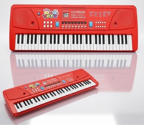Image of Piano Keyboard with Mic | 61 Keys, 10 Rhythms, 16 Tones, 6 Demo Songs & 8 Percussions | Electronic Musical Toy for Boys & Girls Age 4+ | Educational & Recording Keyboard for Beginners Red