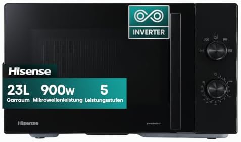 Hisense 23-Liter-Inverter-Mikrowelle, 900 W Leistung, 5 Leistungsstufen | Keramikbeschichtung, hochwertiges getöntes Glas, gleichmäßiges Garen, leicht zu reinigen, manuelle Steueru