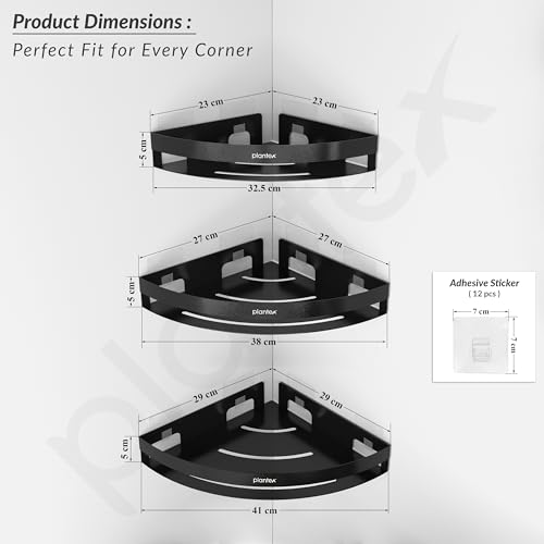 Image of Plantex Corner Shelf for Bathroom Wall /Self Adhesive Bathroom Shelf /Bathroom Corner Shelves self Adhesive /Bathroom Organiser Without Drill- Pack of 3 (Black)