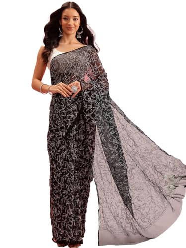 Image of Ada Hand Embroidered Lucknowi Chikankari Georgette Saree for Women with Unstitched Blouse Piece Tepchi Saree-3590