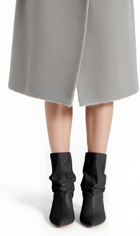 Women's Slouchy Mid Calf Boots Pointed Toe Pull On Wide Calf Wedge Booties Ruched Short Boots for Fall Winter Casual Dress