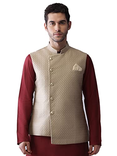 Image of KISAH Men's Cream Jacquard Silk Blend Nehru Jacket- Traditional Indian Waistcoat for Weddings & Royal Parties