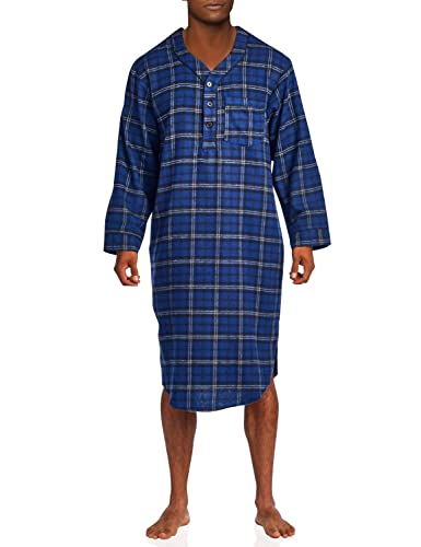 Ashford & Brooks Mens Flannel Plaid Long Sleep Shirt Henley Nightshirt - Navy Black White - Medium #TOP8