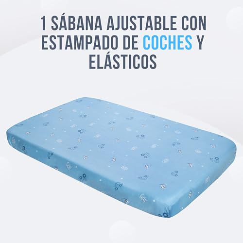 GOYSILA Lençóis Next2Me Chicco 2 Peças 100% Algodão + 1 Protetor de Colchão Certificado Oeko-Tex Colchão 50x83cm 2 Lençol de Baixo Compatível com Berço Calidoo Lullago Kinderkraft UNO Jane (Carros de