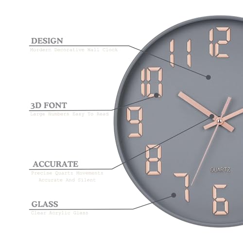 Image of SKYTONE Wall Clock 12 inch Silent Quartz Decorative Wall Clock Non-Ticking Classic Clock Round Easy to Read for Living Room, Bathroom, Kitchen, Office, School (Grey)