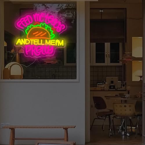 Image of Feed Me Tacos And Tell Me I'm Pretty Neon Sign Tacos LED Light | USB Powered Dimmable Mexican Restaurant Decor Taco Party Fast Food LED Light Coffee Decor 15.7 inchx13.8 inch