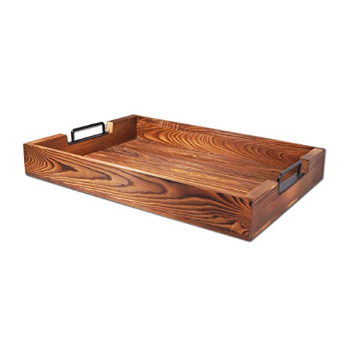 Rustic Large Tray with Handles 20-Inch, Wooden Serving Trays, Distressed Torched Wood Tray