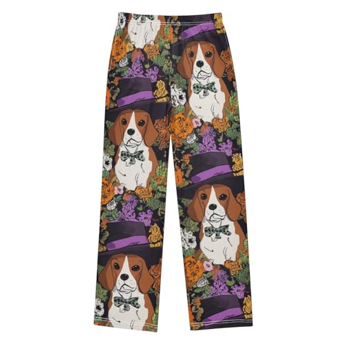 ZZXXB Halloween Beagle Flowers Boys Long Pants Soft Trousers Elastic Waist Kids Lounge Bottoms with Pockets S-XL