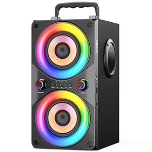 RRNUY 100W Tragbarer Bluetooth-Lautsprecher mit Subwoofer & LED-Licht - Leistungsstarke Boombox mit kraftvollem Bass, Holzgehäuse und TWS für Outdoor-Party