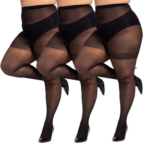 LADYFAN 3 Pairs Plus Size Women’s Sheer Tights 20D High Waist Control Top Pantyhose with Reinforced Toes