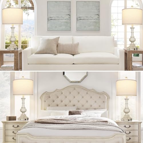 Cinkeda 26 Inch Farmhouse Table Lamps Set Of 2, Rustic Touch Control Bedside Lamps With 2 Usb Ports & Ac Outlet, Vintage White Resin 3-Way Dimmable Nightstand Lamp Linen Fabric Shade For Living Room Bedroom Decor thumb #6