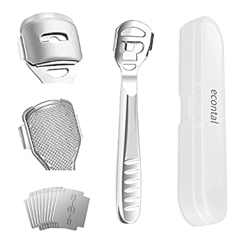 Econtal Tagliacalli, Togli Calli, Lima e Raspa per Piedi, Rimuovi Duroni Pelle Morta Dura, Rimozione, Sgorbia Bisturi per Pedicure, 10 Lame e Custodia