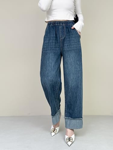 Womens Wide Leg Pants Baggy Jeans Straight High Waisted Fold Hem Denim Pants with Pockets Elastic Waist Pants (US, Alpha, Medium, Regular, Regular, A)3