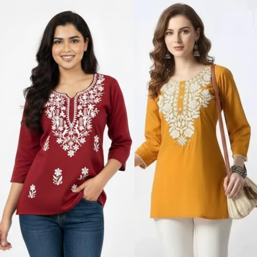 Image of Women's Rayon Kashmiri Embroidered Short Kurti | Stylish and Comfortable Kashmiri Short Kurti Tops for Casual Or Special Occasions | Pack of 2 Combo |