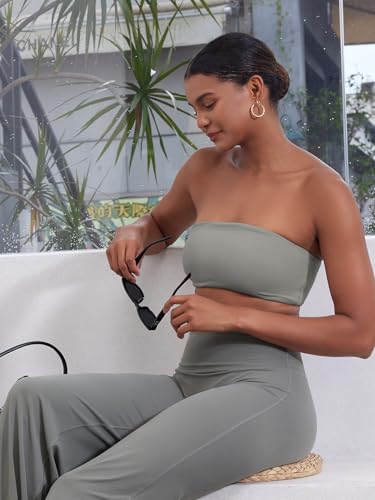 Image of YEOREO Strapless Bandeau Sports Bra for Workout Seamless Tube Top Gym Padded Wireless Bra