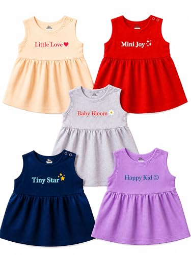 Image of Kidbee Baby Girls A-Line Dress Combo Pack of 5 | Printed Cotton Blend Frocks | Multicolor | Newborn, Infant & Toddler