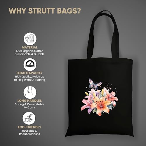 Image of STRUTT Foldable Canvas Tote Bag for Women, Tote Bag for College Girls,100% Organic Cotton Reusable Shopping Bag for Grocery, Eco-Friendly Multi-Purpose Bag for Travel & Daily Use - Floral
