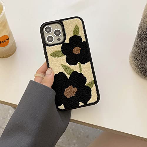 Tewwsdi Warm Fur Phone Case Compatible With Iphone 13 Pro 6.1 Inch 2021 Release Black Floral Ins Design Slim Soft Tpu Bumper +Terry Velvet Fluffy Material Girly Protective Cover (Black Flowers) #TOP4