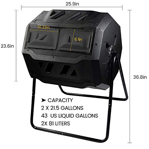 SQUEEZE master Large Compost Tumbler Bin -Outdoor Garden Rotating-Dual Compartment - Better Air Circulation Efficient Compost- BPA Free-Sturdy Steel Frame - 43Gallon (2-21.5Gal)- Black Door