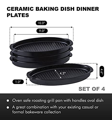 Bruntmor Porcelain Matte Glaze Sushi Sizzler Plate Black Serving Dishes Tray 10" (9" Inner Length) Plates For Eating| Oval Dish Dinner Set Of 4 Porcelain Oven Safe Plates With Handles #TOP1