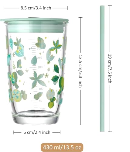 Image of Kamvy Reusable Glass Tumbler with Lid & Straw Pack of 1, 400ml Multipurpose Drinking Glasses Coffee Sipper Mugs for Juice Smoothies Iced Tea Indoor & Outdoor Cup (Mint Green)