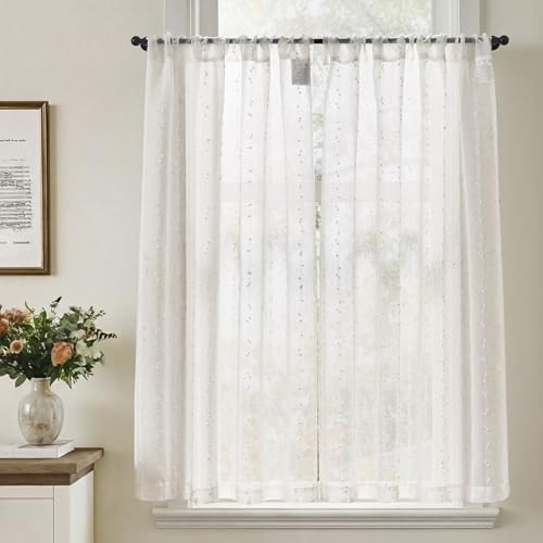 TOPICK Rideau Cuisine Voilage Brise Bise, Rideaux Court Lot de 2, avec Blanc Pois 90L x 115H(cm) Passe-Tringle, pour Placard Fenetre Salon sous Evier