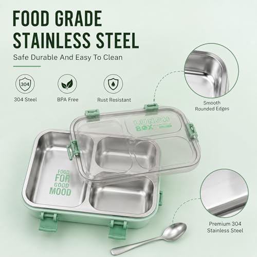 Image of Stainless Steel Lunch Box with 3 Compartments Leak Proof Airtight Lid BPA Free Food Storage Container Durable Portable Bento Tiffin for Kids, School Picnic (3 Green)