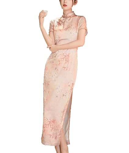 Kewing Women's # 2 Chinese Traditional Qipao Dress Girls Party Wedding Fashion Vintage Retro Cheongsam Floral Print Satin Maxi Dresses