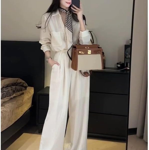 Women Linen Shirt Set Summer Blouse Wide Leg Pants Casual Outfit