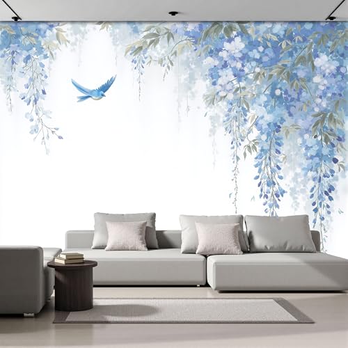 Poster mural panoramique bleu 300x210 cm oiseaux et fleurs