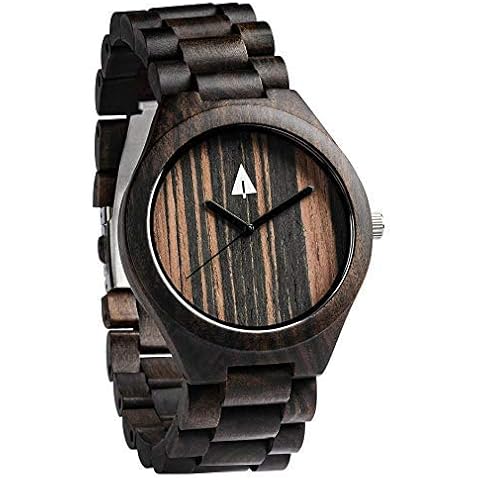 Treehut Men's Black Ebony Wooden Watch with All Wood Strap Quartz Analog with Movement and Stainless Steel Tri-Fold Clasp with Push Buttons, Boyfriend Gift, 4.3cm Cover