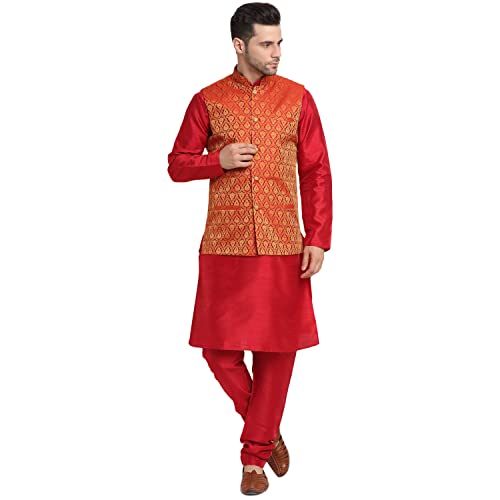 Image of KRAFT INDIA Mens Gold Silk Blend Kurta and Churidar Set With Jacquard Paisley Nehru Jacket