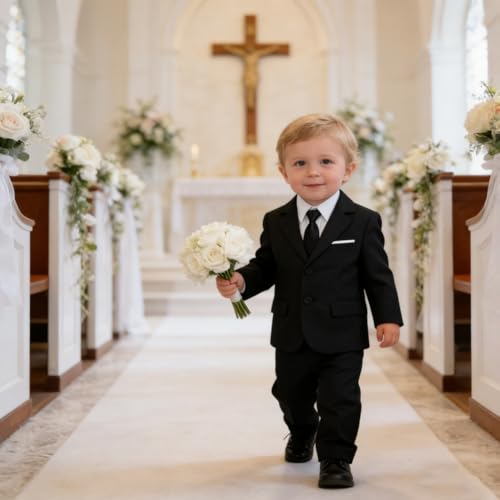 Image of Baby Boy Formal Suit for Toddler Infant Tuxedo Dress Suits | Little Gentleman, Wedding Ring Bearer Outfit, Vest Pants Long-Sleeve Shirt Tie, Birthday Party Christmas Prom, Classic