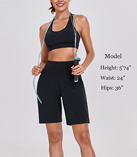 Image of Oalka Women's High Waisted Shorts Yoga Workout Bermuda Long Hiking Shorts with Pockets