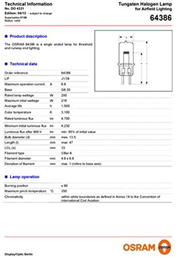 OSRAM 6.6A 200T4Q 64386, 200W Current Controlled Halogen Airfield Lamp
