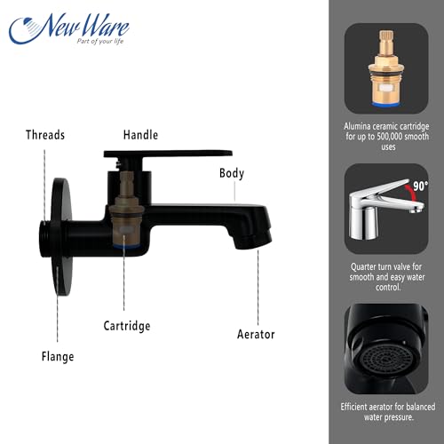 Image of New Ware Brass Bib Cock Tap Matte Black 5.5 Inch | Wall Mount Faucet with Flange | Bathroom Kitchen Sink Water Tap