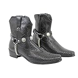 TFjメンズバイカージュエリーブーツブラックレザーペアストラップシルバーメタルチェーンBULLAFOブルチャーム