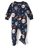 The Children's Place Baby Boys' and Toddler Fleece Zip-Front One Piece Footed Pajama, Navy Planets, 5T